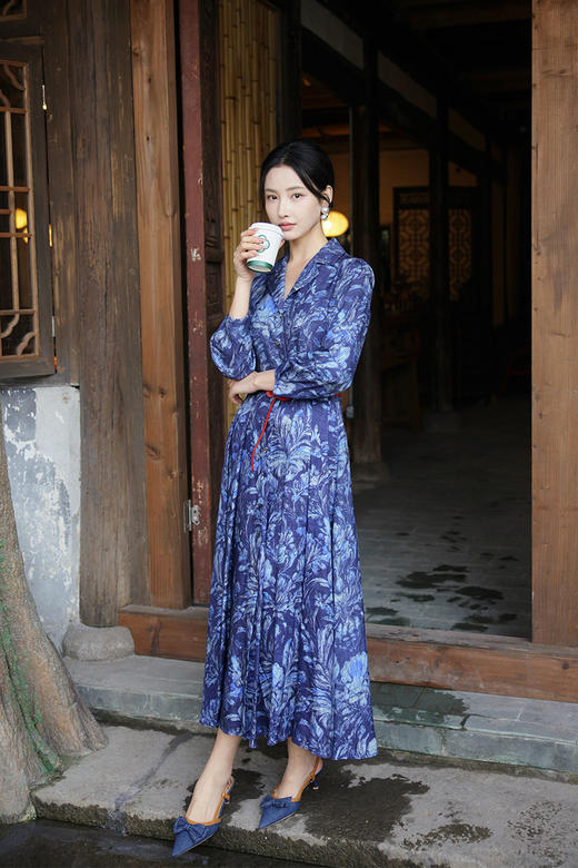 【多件多折】逸红颜明月优选#沉静棉麻印花裙【莳光】职场西装领撞色连衣裙，古色古香日常款新中式，风静绽芳华 商品图1