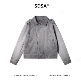 F7122SDSA秋冬新款痞帅男装简约做旧磨破斜拉链设计翻领夹克外套百搭