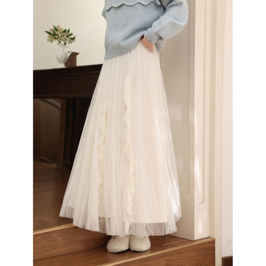 鹿向南「褶影罗曼」法式杏色纱裙女冬新款高腰垂感长款A字半身裙 商品图2