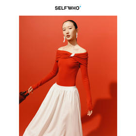 SELFWHO可机洗绵羊毛混纺新年红打底针织衫女2026春新款露肩毛衣
