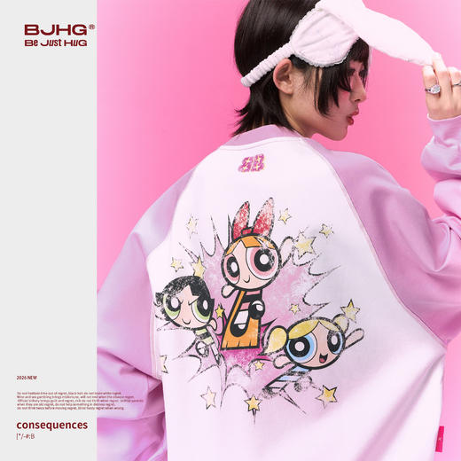 飞天小女警联名BJHG不计后果无帽卫衣女款春季新款潮粉色贴贴上衣 商品图1