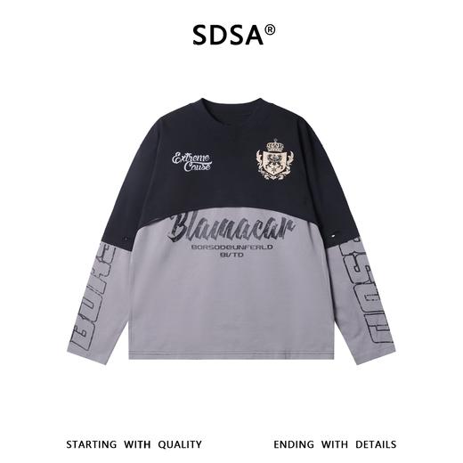 F7273SDSA男士秋冬新款痞帅男装美式破洞拼色圆领长袖T恤百搭时尚上衣 商品图1