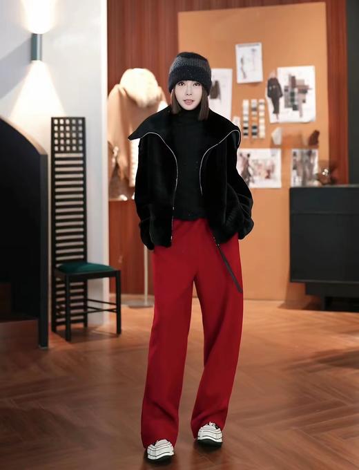 F010407冬季新款加绒加厚拉腿显瘦红色羊毛阔腿裤 商品图6