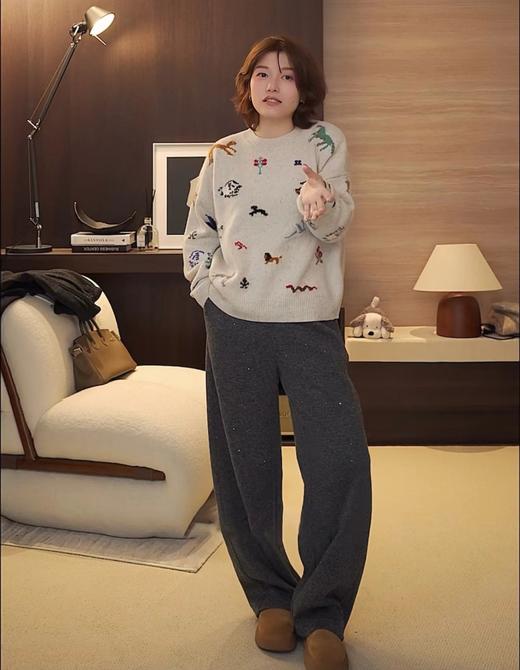 F010405冬季星河亮片加绒加厚保暖宽松直筒垂顺羊毛阔腿裤 商品图7