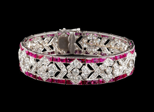 独角鹿西洋古董1920年代法国顶级珠宝世家梵克雅宝出品装饰艺术风格几何花卉造型铂金镶嵌红宝石及钻石手链 商品图1