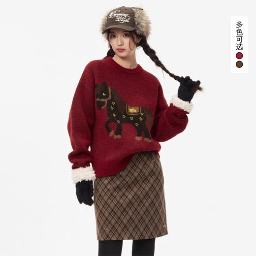 西遇新年红色毛衣女2026春季新款韩式可爱风卡通圆领宽松慵懒上衣SS060051 商品图0