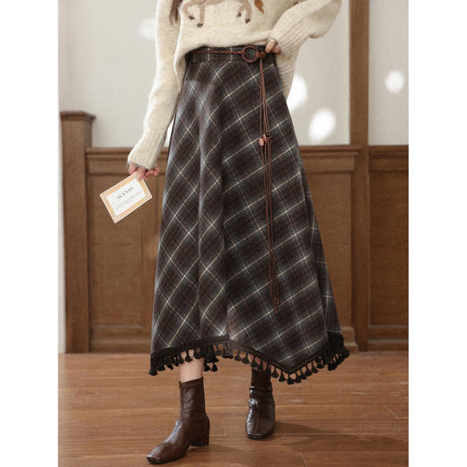 鹿向南「画廊女孩」不规则格纹流苏半身裙女冬小众设计感收腰长裙 商品图1