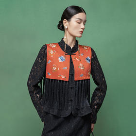 【林栖设计小店】拍行古董陌上花开|丝棉缎绣花橘红色云肩2026春新款马面裙马甲1961223