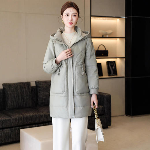 丁摩 真皮羽绒服女中长款绵羊皮加厚显瘦皮衣外套连帽5181-1 商品图3