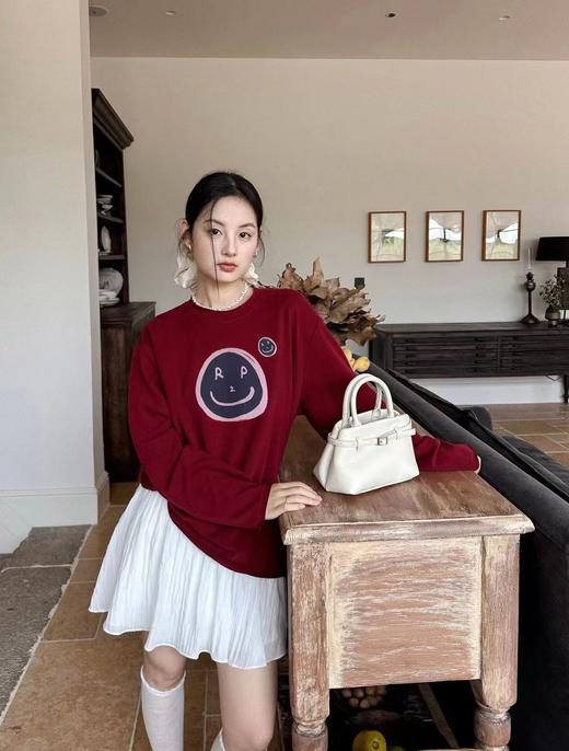 F010417休闲复古蓝调笑脸印花加绒上衣宽松下摆抽绳外穿女士卫衣 商品图3