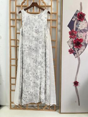 「断码清仓」精品新中式拼接有内衬桑蚕丝麻无袖连衣裙 L码  ZFYY283