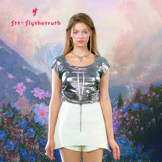 FTT FlyTheTruth 波光 辣妹褶皱亮面短袖T恤女夏季蝴蝶结短款上衣 商品图0