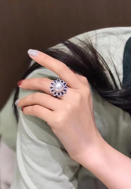 【私席真珠·新年盛宴】18K金镶钻/蓝宝石白珍戒指12-13mm珠（孤品） 商品图1