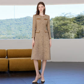 IWY/小香风卡其色粗花呢连衣裙女轻奢气质中长裙名媛千金风套裙Q1466-K