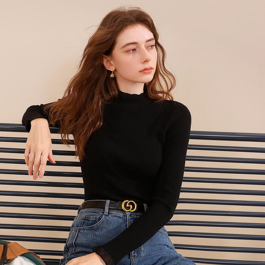 三彩2026春季新款纯色针织衫玻璃纱拼接长袖毛衫内搭打底衫修身M 商品图3