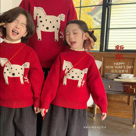 🧨2026拜年服男女童圆领毛衣针织衫中大儿童冬季小马超好看提花女童毛衣聚