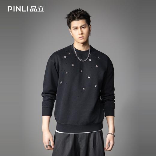 PINLI品立2026春季新款男士潮牌金属烫钻圆领落肩袖套头卫衣上衣BG262109003 商品图0