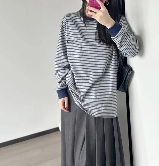 2026新款细条纹长袖 刘浩存同款细条纹 情侣款男女款式OS叠穿打底衫 商品图0