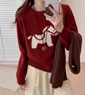 【YW】无忧购【鸿运当“红”】2026新年本命年红色小马针织衫上衣女91446（截单后3-5天发货）