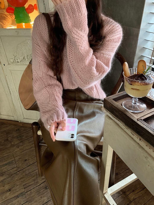 【百图lulu定制】【樱花毛衣】羊毛混纺 高级粉 松弛感 麻花毛衣 商品图1