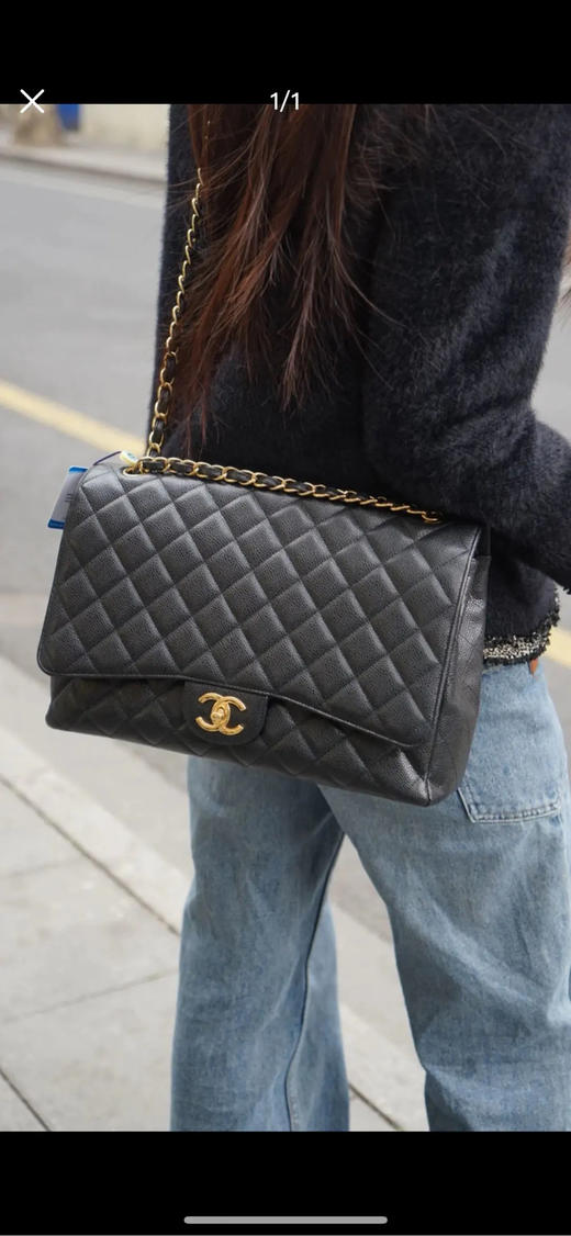 Chanel CF 黑金 荔枝纹牛皮 maxi 单肩包 商品图3