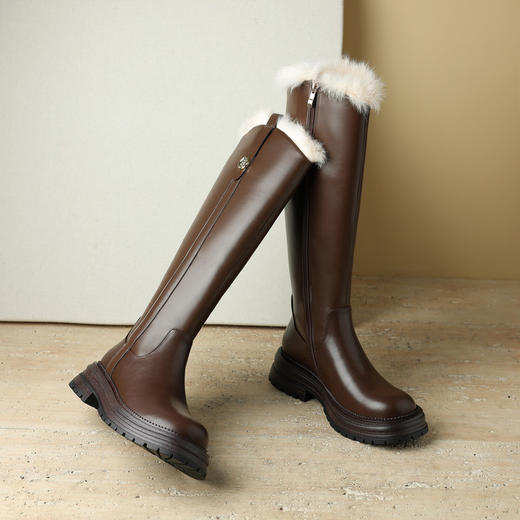 【预售5天】靴子女长靴厚底雪地靴女款冬季棕色保暖粗跟真皮长筒骑士靴YMT&A715 商品图5