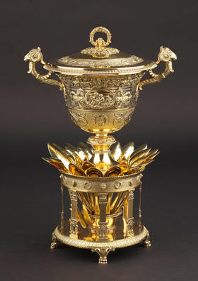 独角鹿西洋古董19世纪法国Martin Guillaume Biennais & Charles Cahier联合签名出品帝政风格古典神话主题银鎏金精雕糖果/冰淇淋樽套件