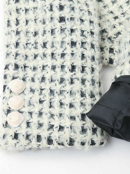 黑白格纹粗花呢短款外套 圆领金属纽扣双口袋修身显瘦秋冬法式小香风名媛气质通勤上衣 商品图4