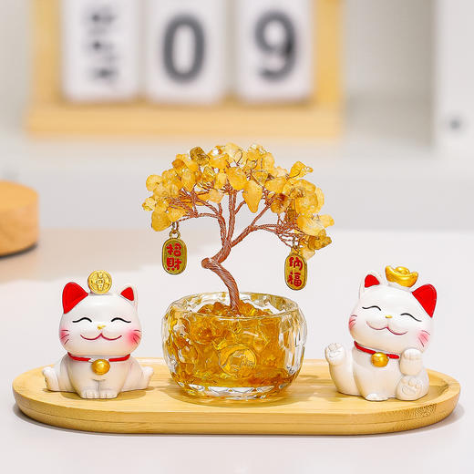 【黄水晶发财树招财猫摆件】客厅电视柜摆件 卡通可爱招财猫办公室桌面装饰品  商品图2