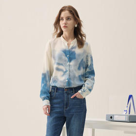 谜底蓝晒印花衬衣长袖2026年春季新品宫廷泡泡袖衬衫女261MC0209