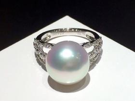 【私席真珠·新年盛宴】18K金镶钻白珍珠戒指，12-13mm珠 戒圈14