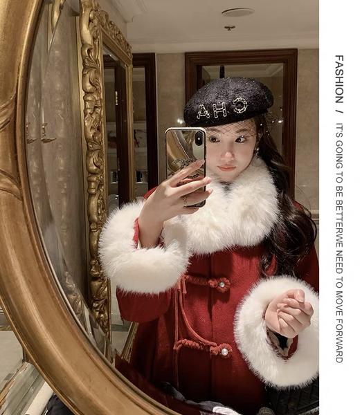 【GZ】无忧购【鸿运当“红”】新年中国红新中式外套可拆卸毛领18828 商品图1