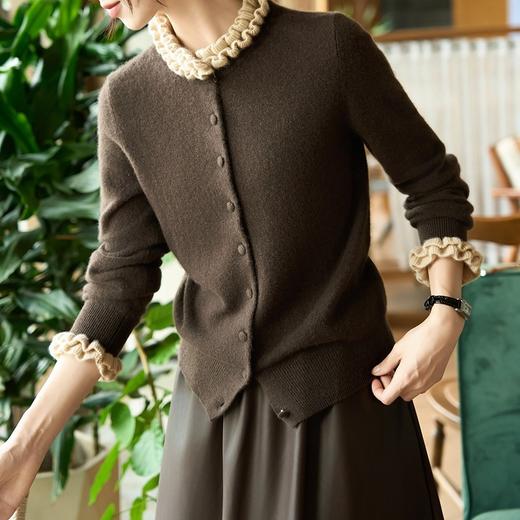 丁摩新款100%纯羊毛衫女木耳边针织开衫宽松毛衣百搭外套上衣ALW5199 商品图0