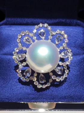 【私席真珠·新年盛宴】18K金镶钻白珍珠戒指，13-14mm珠（孤品）