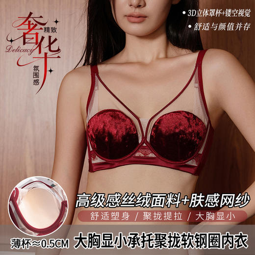 【纳福行运❗️复古丝绒文胸套装】薄款大胸显小聚拢上托不空杯性感内衣秋冬本命年马年新年 商品图1