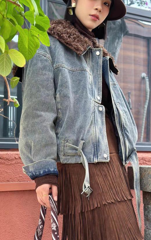 74WT21156#拼毛领拉链帽夹棉牛仔 商品图2