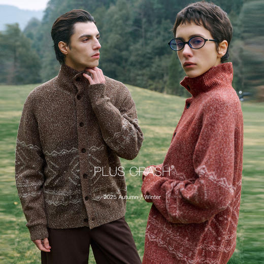 PLUS CRASH羊毛混纺费尔岛提花沙漏领毛衣开衫休闲复古男PC61SW12 商品图1