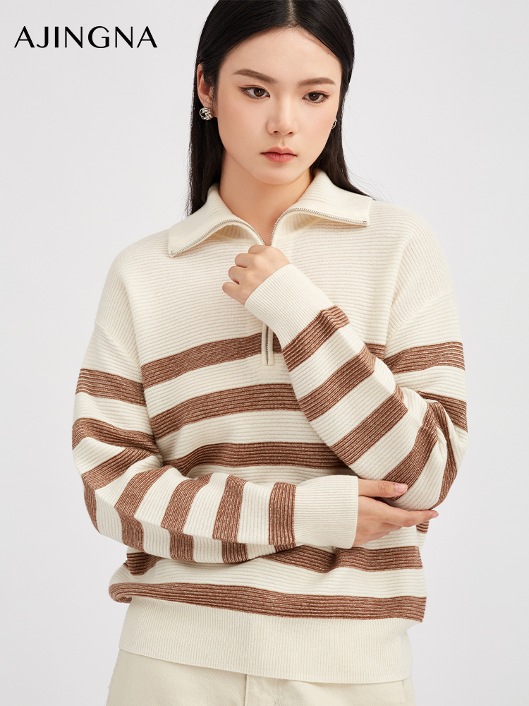 【商场同款】阿菁娜冬季新款双领条纹衫可立翻半开襟拉链设计落肩宽松休闲慵懒开衫A30D318020