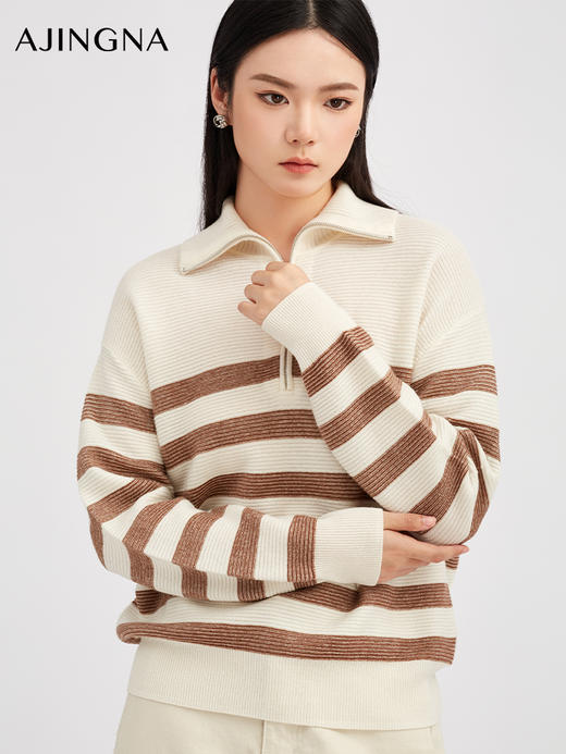 【商场同款】阿菁娜冬季新款双领条纹衫可立翻半开襟拉链设计落肩宽松休闲慵懒开衫A30D318020 商品图0