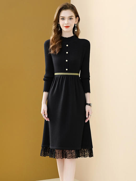 「自」全新升级【铂金会员201/天猫269/差价68】(12233)洛诗琳半高领针织连衣裙女2025秋冬新款气质通勤长袖蕾丝显瘦毛衣裙 商品图4