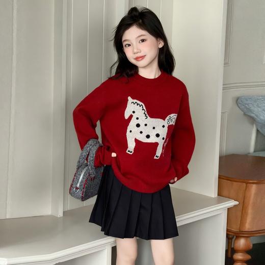 🧨2026拜年服男女童圆领毛衣针织衫中大儿童冬季小马超好看提花女童毛衣聚 商品图3