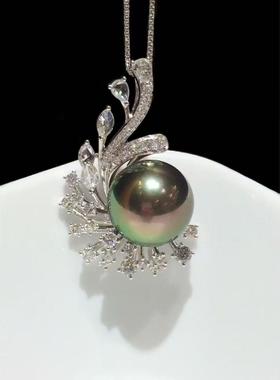 【私席真珠·新年盛宴】18K金镶钻黑珍珠吊坠，13-14mm珠