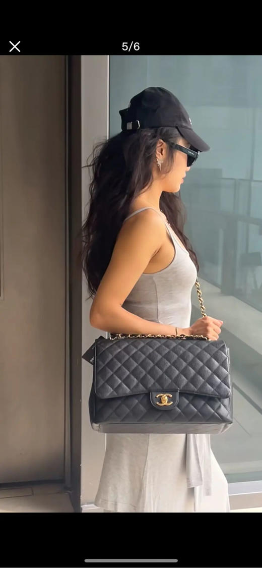 Chanel CF 黑金 荔枝纹牛皮 maxi 单肩包 商品图2