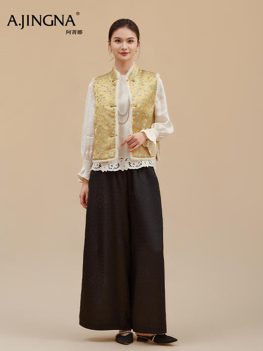 【淘衣节专享】阿菁娜冬季新款暖奢宋锦马甲水貂毛包边夹棉内里非遗织金面料新中式氛围外套F30D203016 商品图4