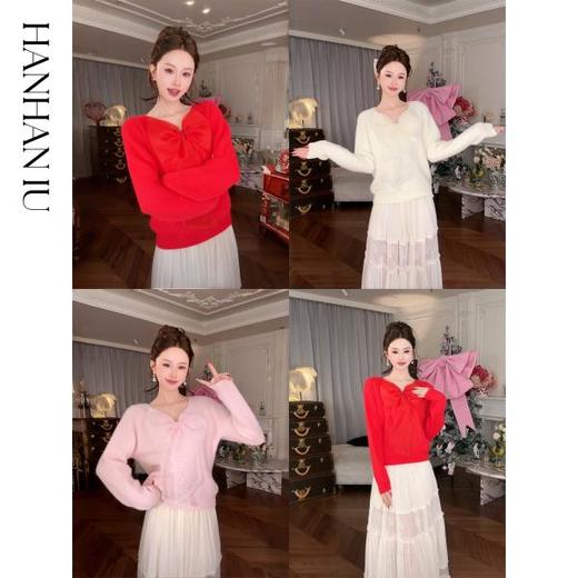 【孤品样衣，不退不换】【甜心记忆】高定兔毛混纺纱线手工亮钻蝴蝶结女士毛衫外套 商品图0