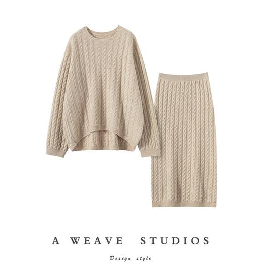 丁摩复古绞花羊绒套装女100%纯山羊绒加厚宽松上衣包臀半身裙子ALW1322 商品图4