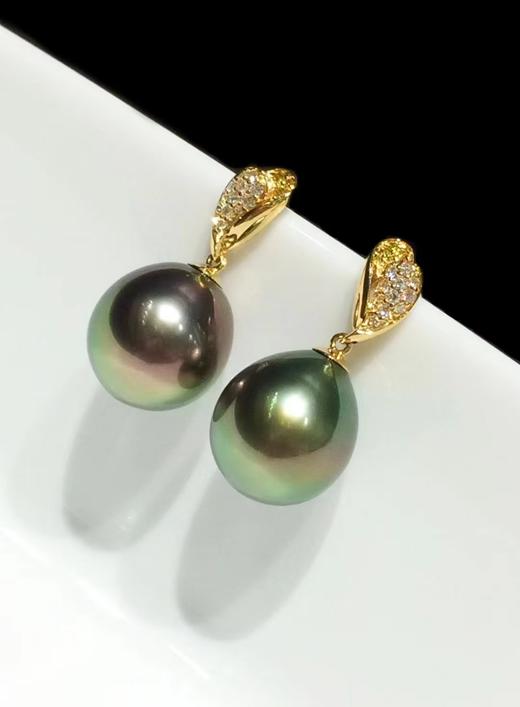 【私席真珠·新年盛宴】18K金镶钻黑珍珠耳钉，11-12mm珠 商品图0