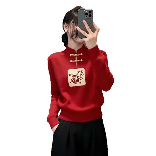 新中式国风盘扣红色新年毛衣，宽松百搭本命年马年针织衫 商品图4