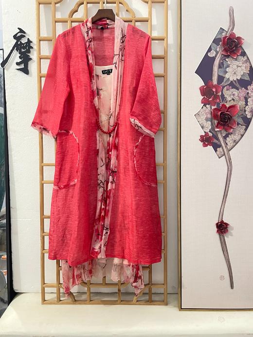 「断码清仓」复古文艺桃红色水墨花枝两件套连衣裙 L码  ZFYY218 商品图0