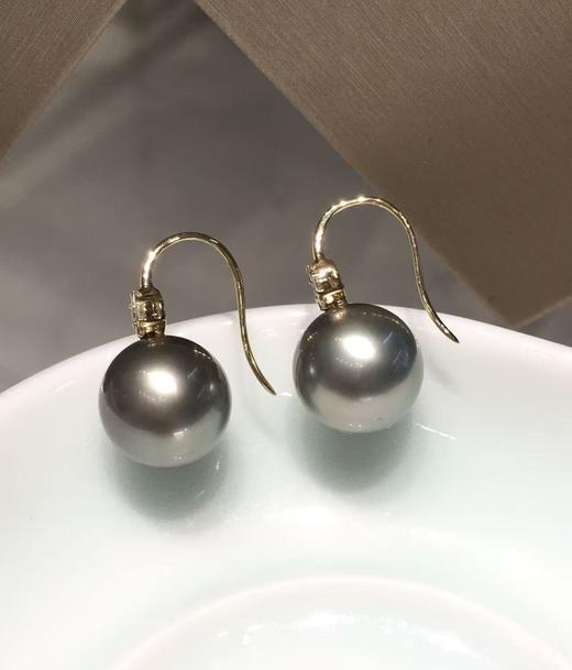 【私席真珠·新年盛宴】18k金镶钻大溪地气质灰珍珠耳环  11-12mm圆 商品图2